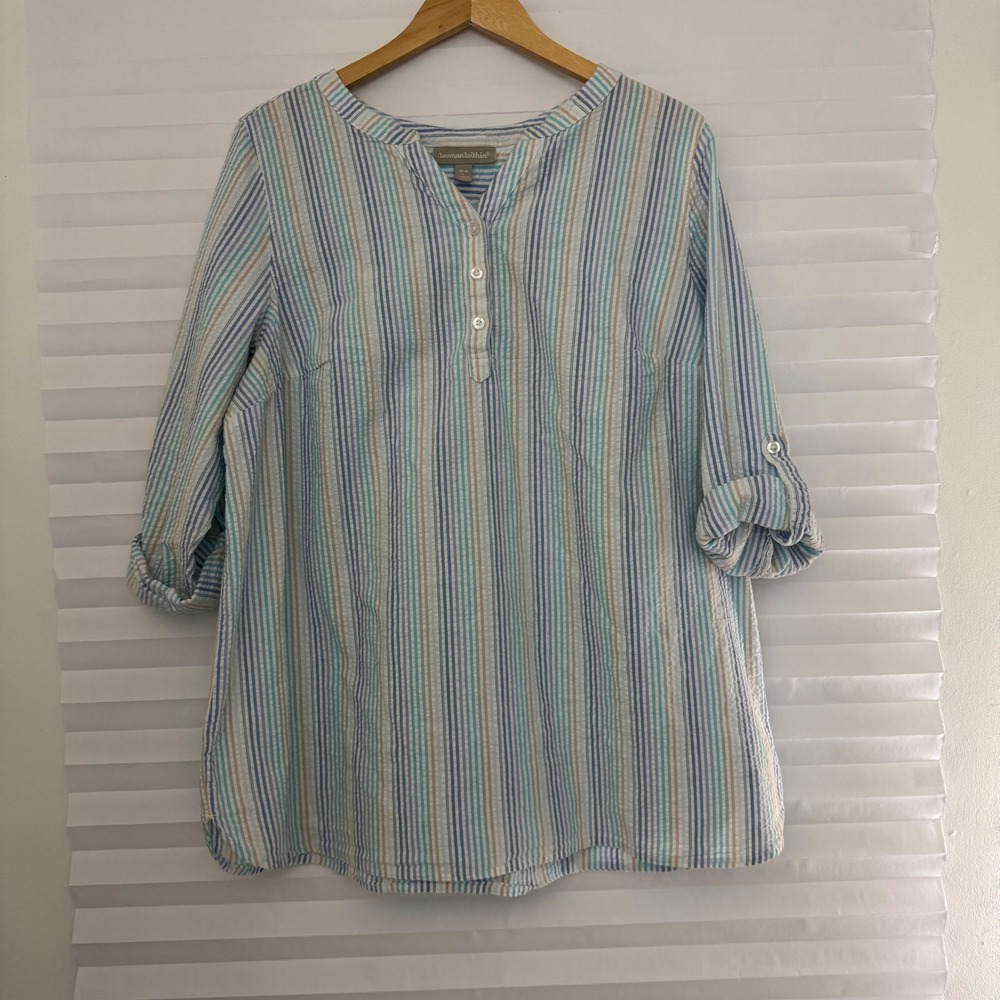Woman‎ Within Blue Striped Seersucker Cotton Henley Tunic Top Plus Size 18/20 L